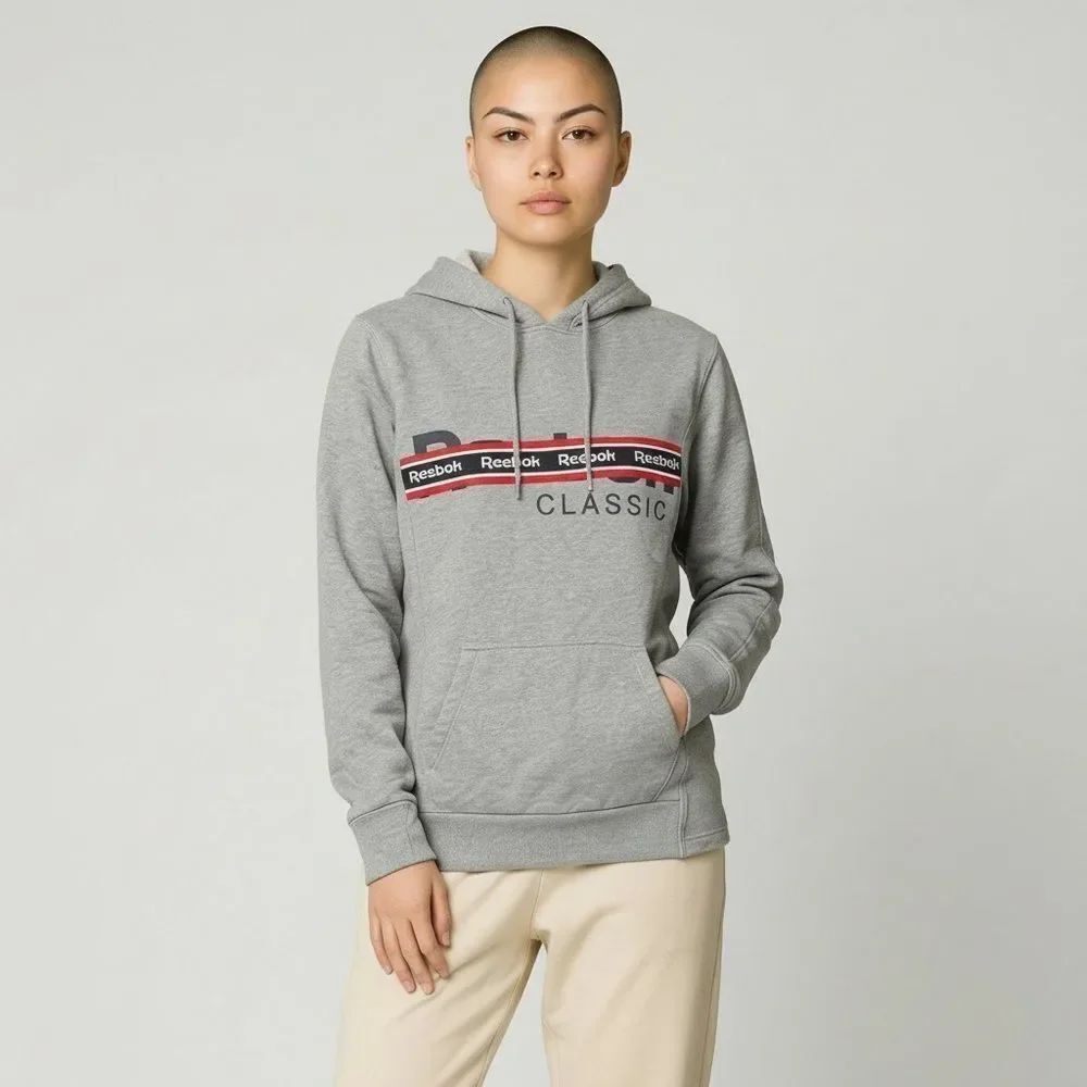 Reebok Solid Grey Hoodie with Red and Black Stripe Logo Kangaroo Pouch Pocket M